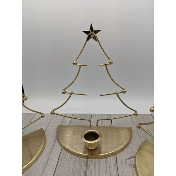 Set 3 Christmas Tree Candlestick Holder Wall Table Decor Metal Gold Brass 8 1/2" - Picture 3 of 7
